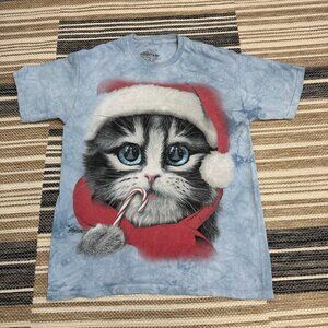 The Mountain Men's Christmas Cat Santa Hat Tie Dye Short Sleeve Shirt Blue Sz M